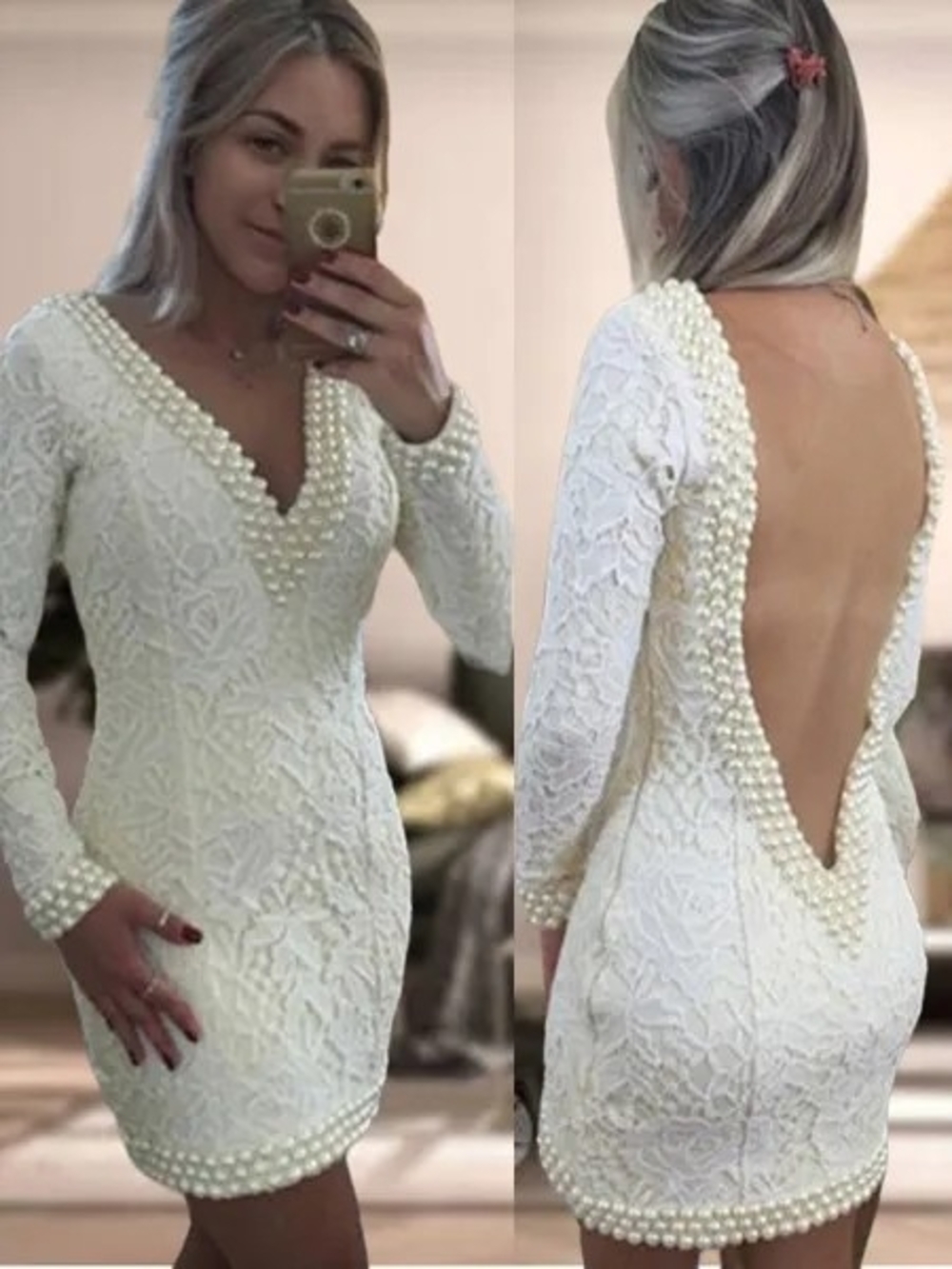 Elegant Pearl-Trim White Lace Backless Bridal Mini Dress Size 2